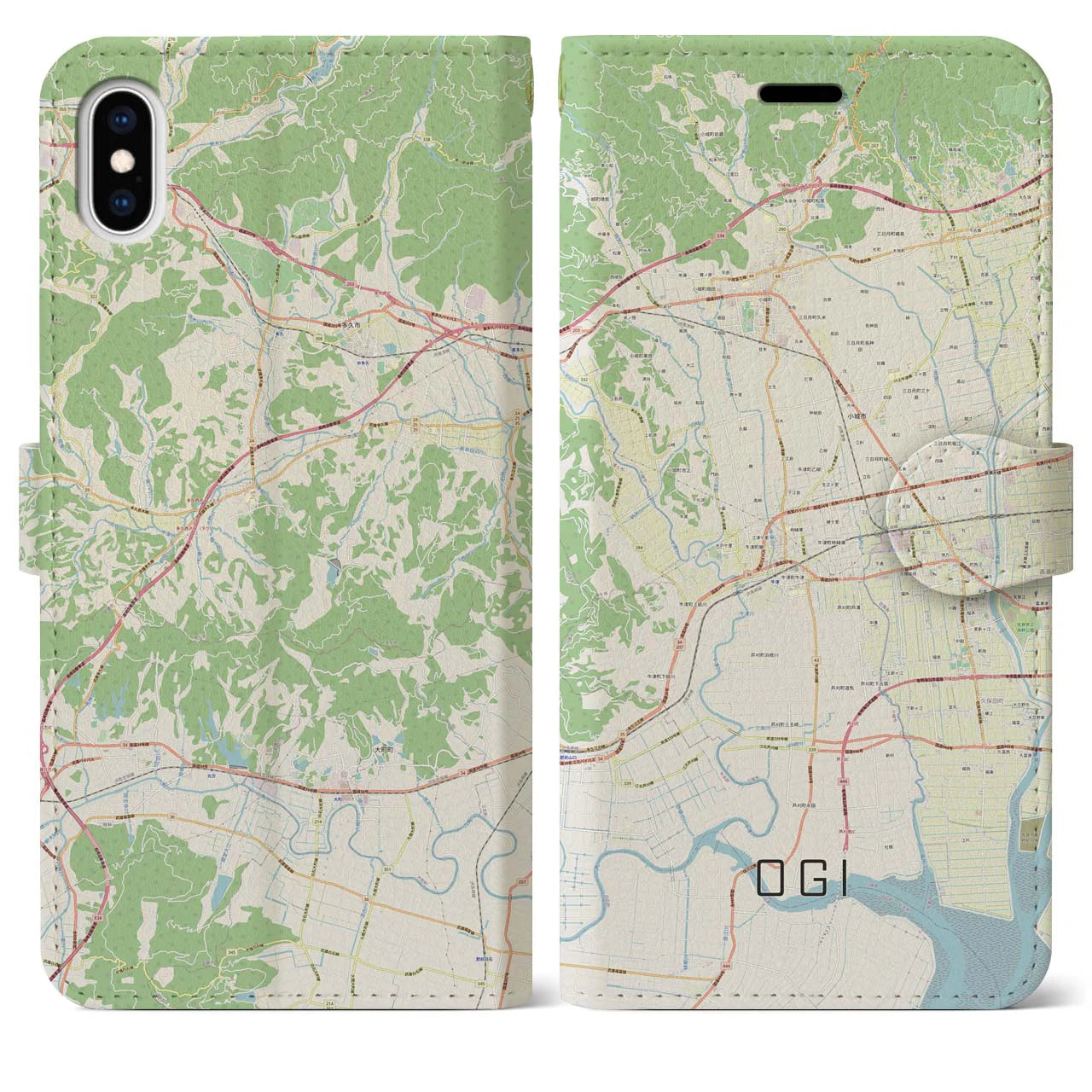 【小城】地図柄iPhoneケース（手帳両面タイプ・ナチュラル）iPhone XS Max 用