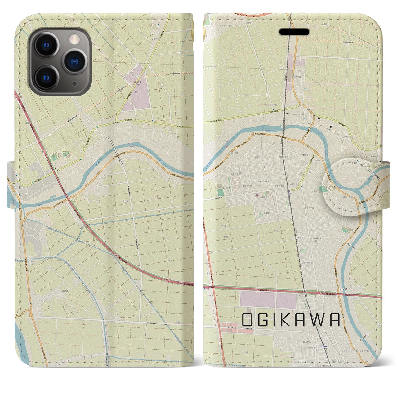 【荻川】地図柄iPhoneケース（手帳両面タイプ・ナチュラル）iPhone 11 Pro Max 用