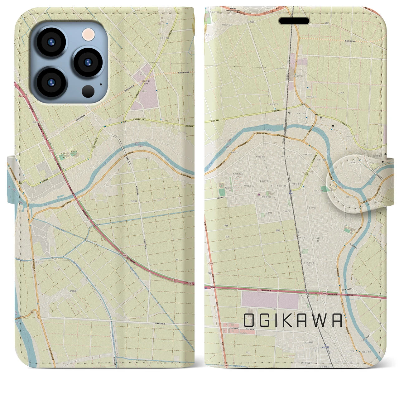 【荻川】地図柄iPhoneケース（手帳両面タイプ・ナチュラル）iPhone 13 Pro Max 用