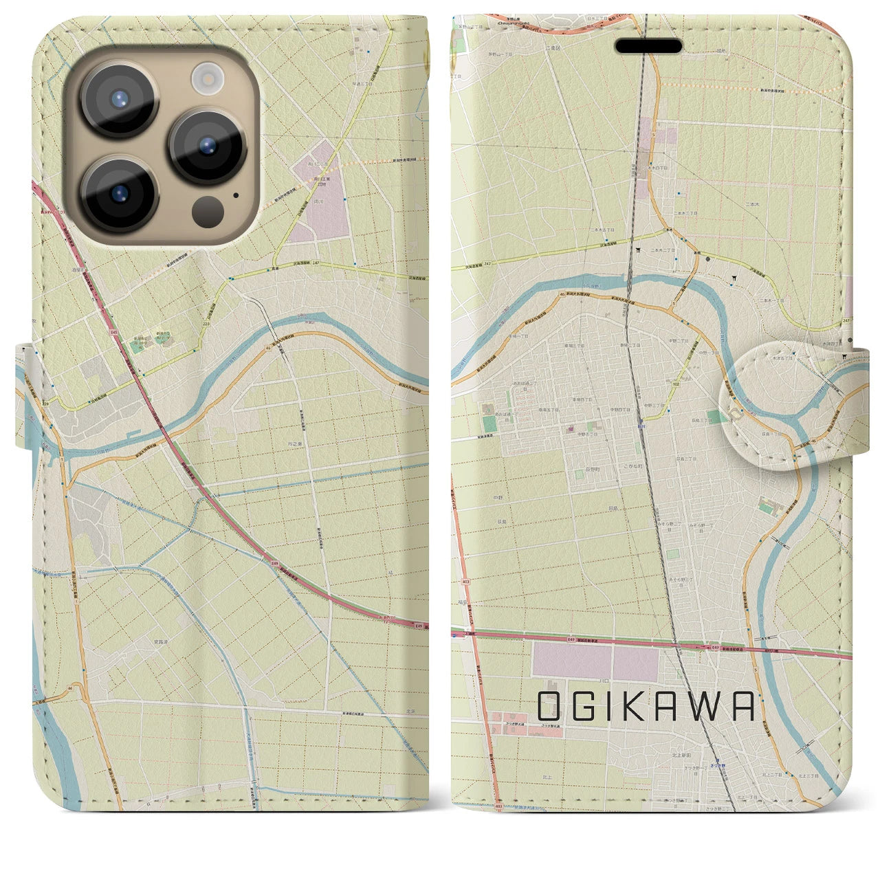【荻川】地図柄iPhoneケース（手帳両面タイプ・ナチュラル）iPhone 14 Pro Max 用