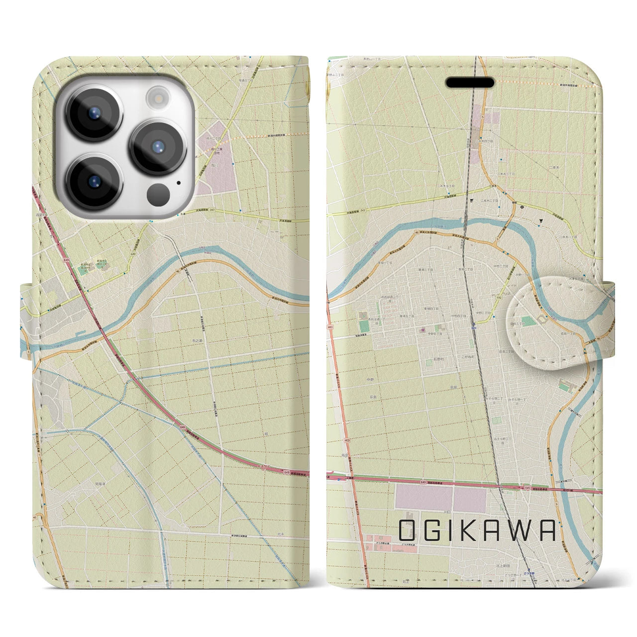 【荻川】地図柄iPhoneケース（手帳両面タイプ・ナチュラル）iPhone 14 Pro 用