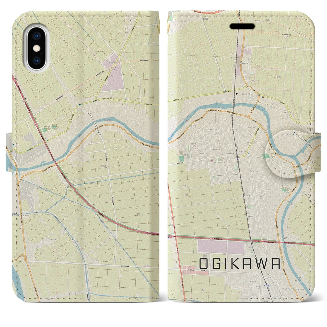 【荻川】地図柄iPhoneケース（手帳両面タイプ・ナチュラル）iPhone XS Max 用
