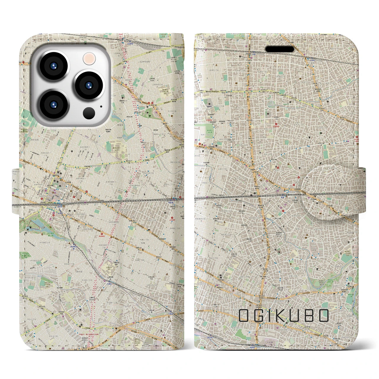 【荻窪2】地図柄iPhoneケース（手帳両面タイプ・ナチュラル）iPhone 13 Pro 用