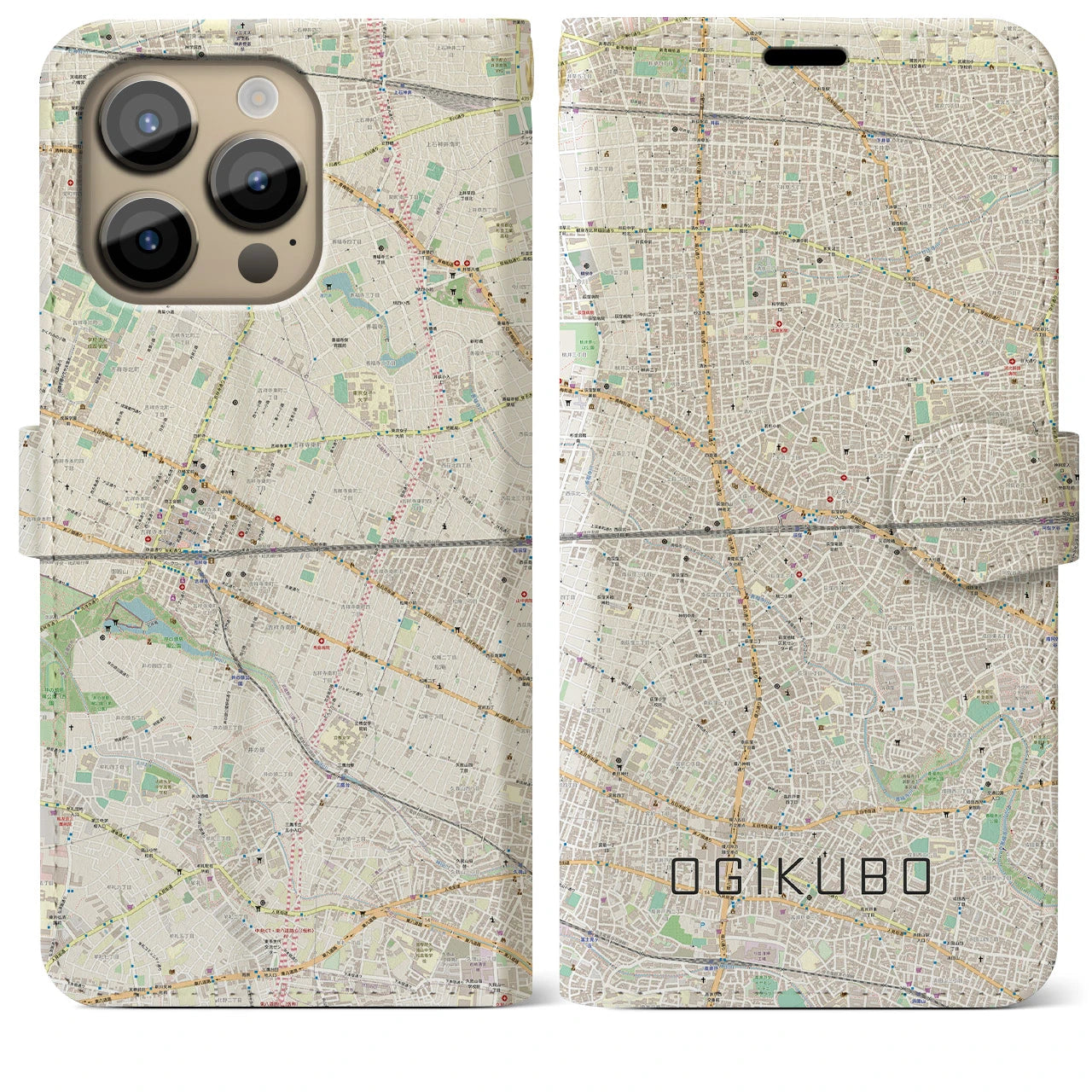 【荻窪2】地図柄iPhoneケース（手帳両面タイプ・ナチュラル）iPhone 14 Pro Max 用