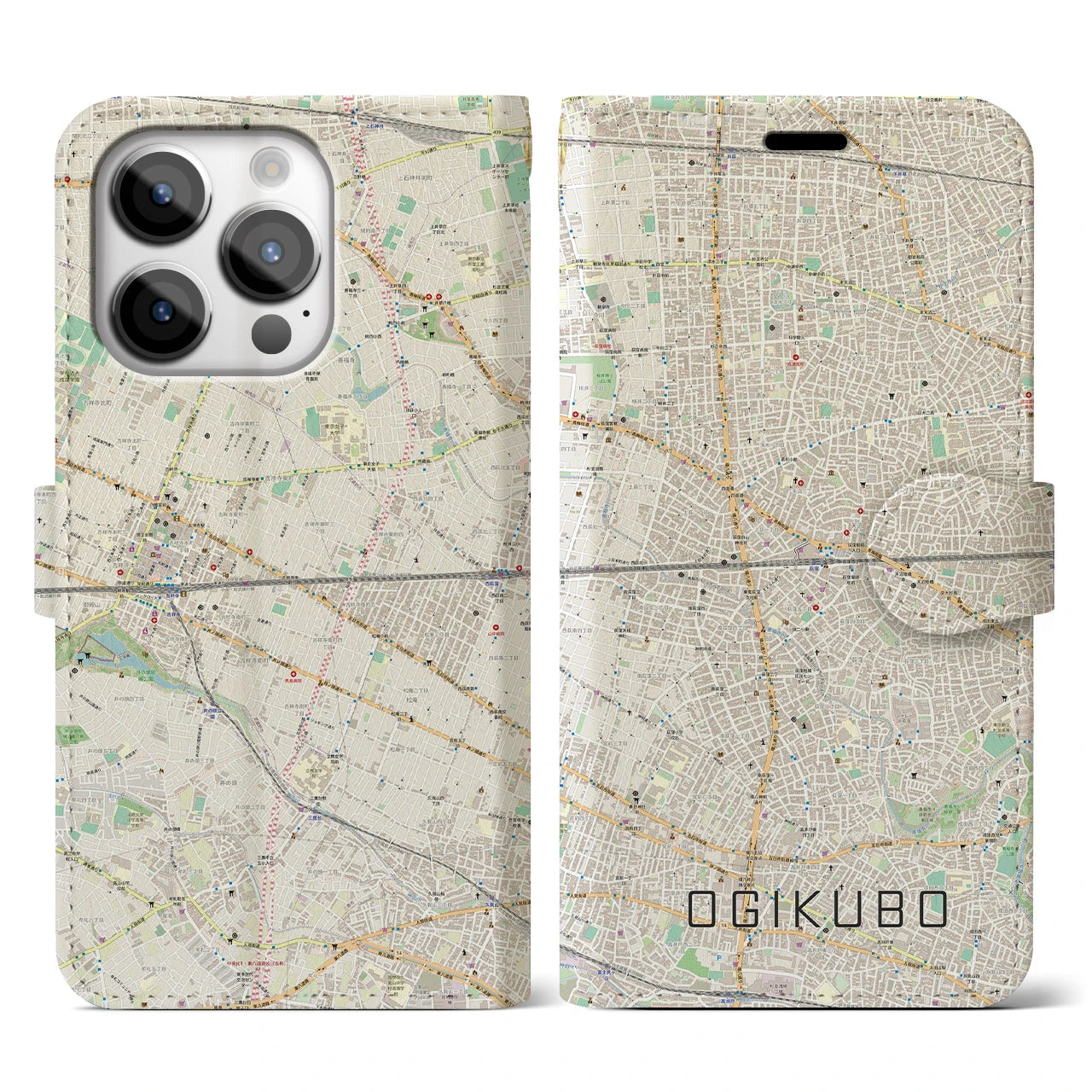 【荻窪2】地図柄iPhoneケース（手帳両面タイプ・ナチュラル）iPhone 14 Pro 用