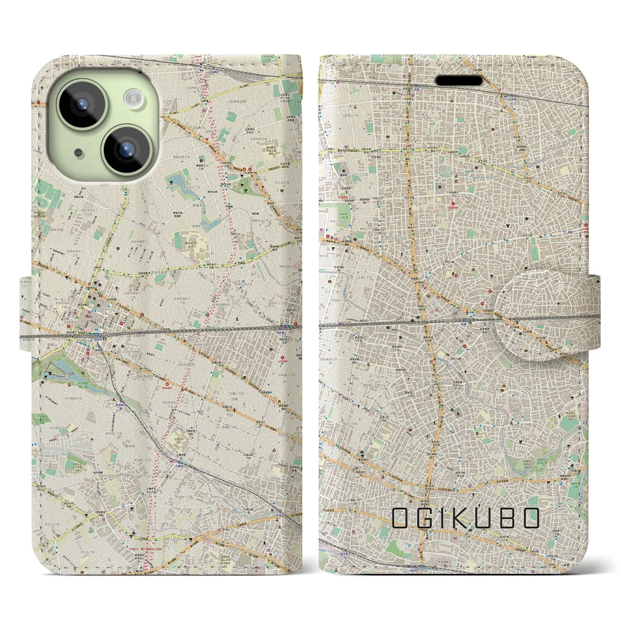 【荻窪2】地図柄iPhoneケース（手帳両面タイプ・ナチュラル）iPhone 15 用