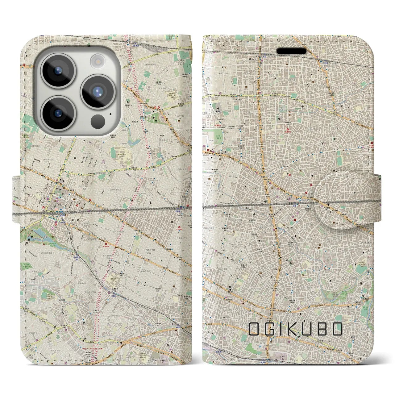 【荻窪2】地図柄iPhoneケース（手帳両面タイプ・ナチュラル）iPhone 15 Pro 用