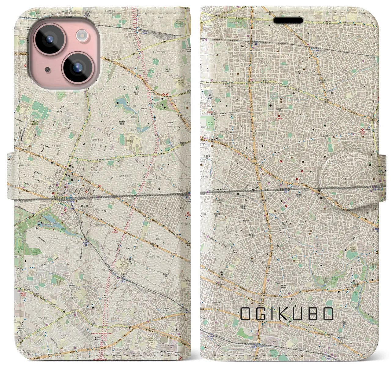 【荻窪2】地図柄iPhoneケース（手帳両面タイプ・ナチュラル）iPhone 15 Plus 用