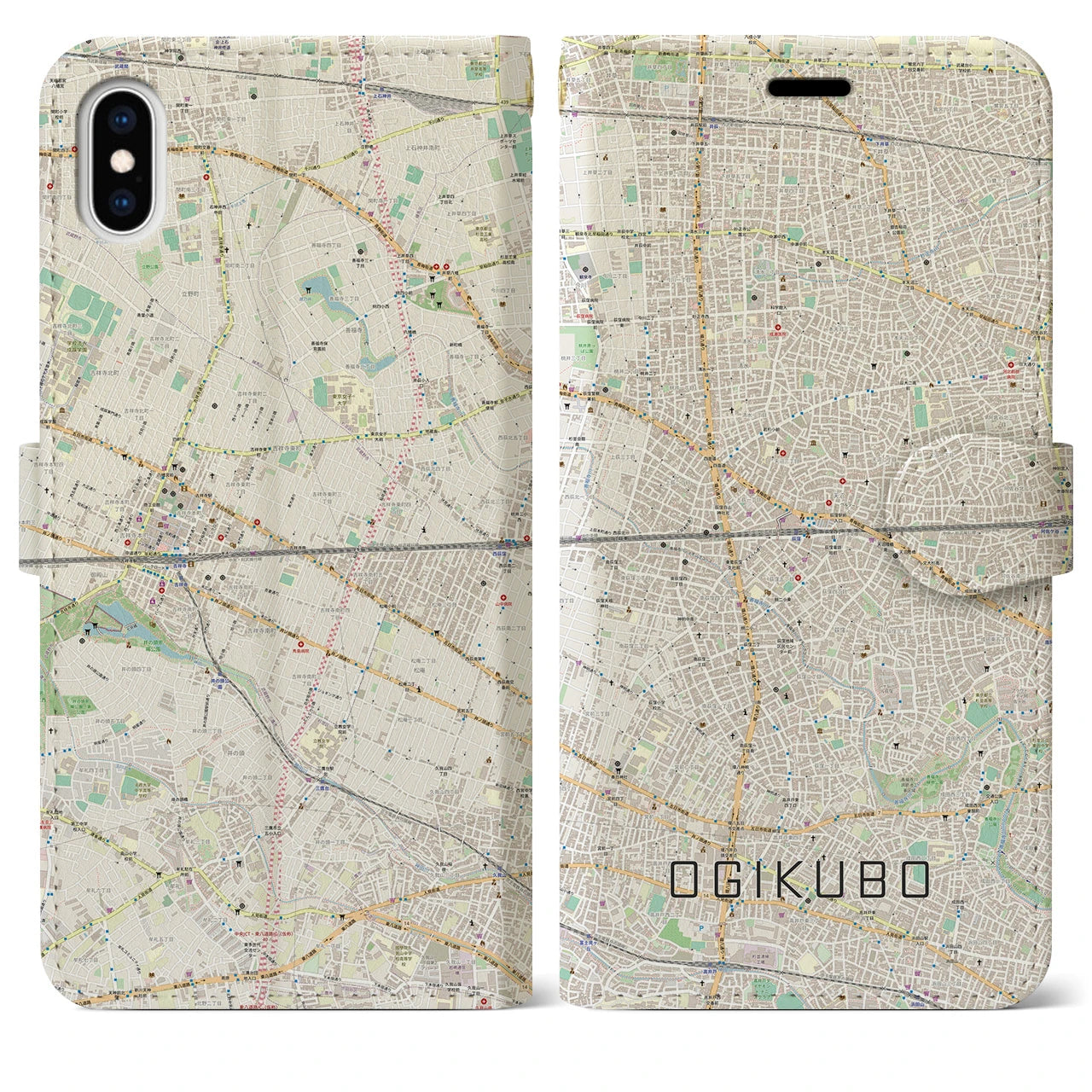 【荻窪2】地図柄iPhoneケース（手帳両面タイプ・ナチュラル）iPhone XS Max 用