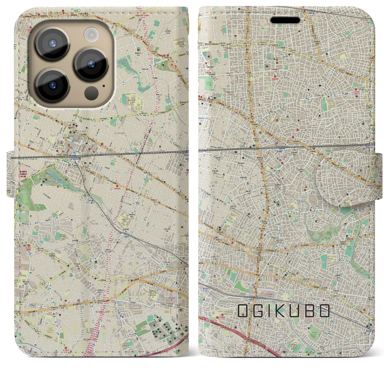 【荻窪】地図柄iPhoneケース（手帳両面タイプ・ナチュラル）iPhone 14 Pro Max 用