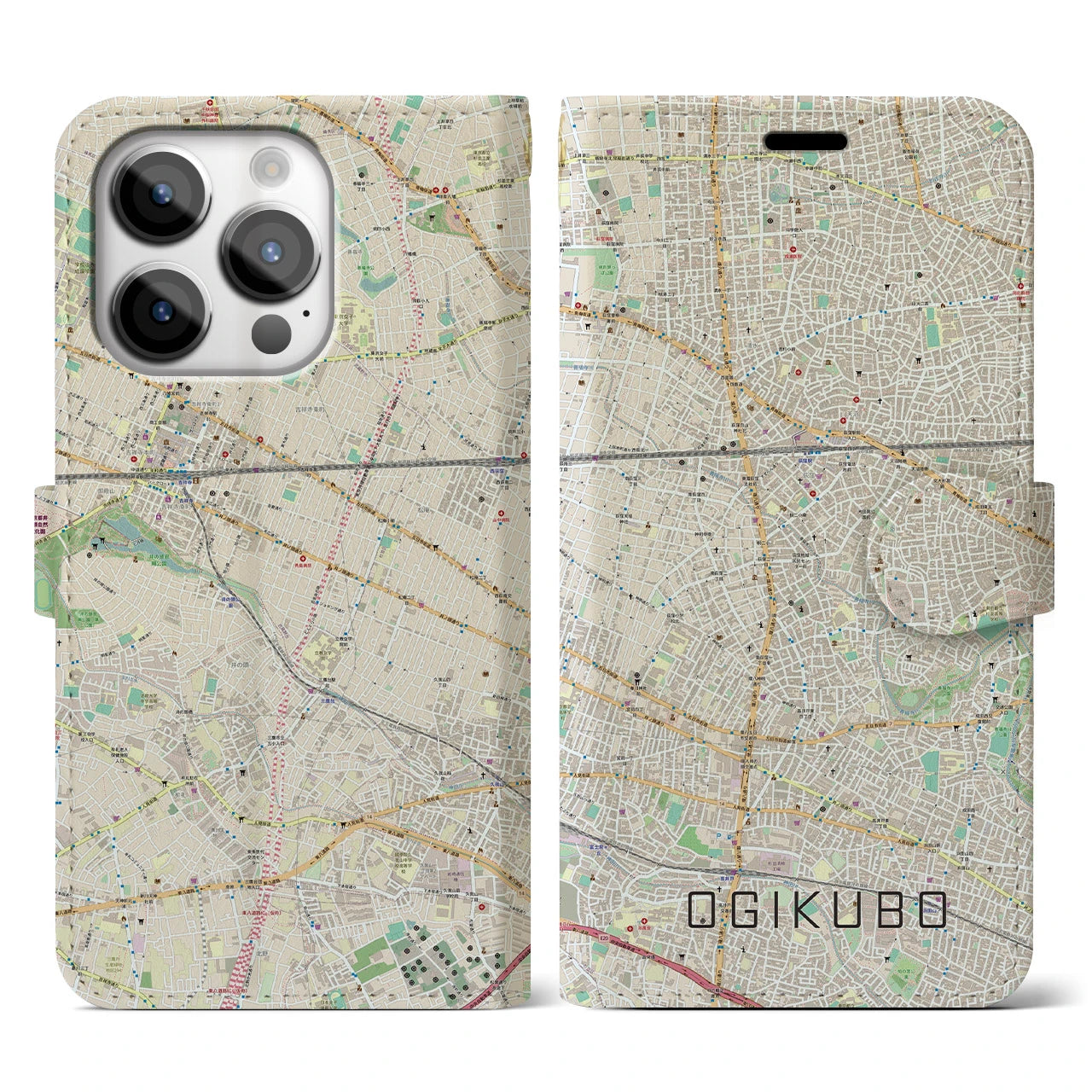 【荻窪】地図柄iPhoneケース（手帳両面タイプ・ナチュラル）iPhone 14 Pro 用