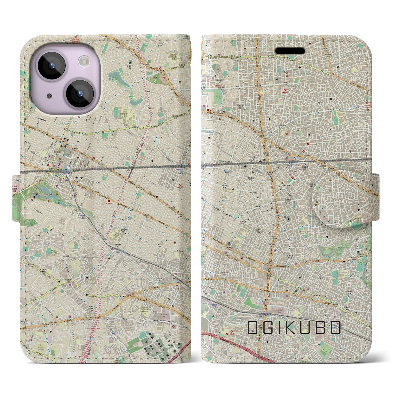【荻窪】地図柄iPhoneケース（手帳両面タイプ・ナチュラル）iPhone 14 用