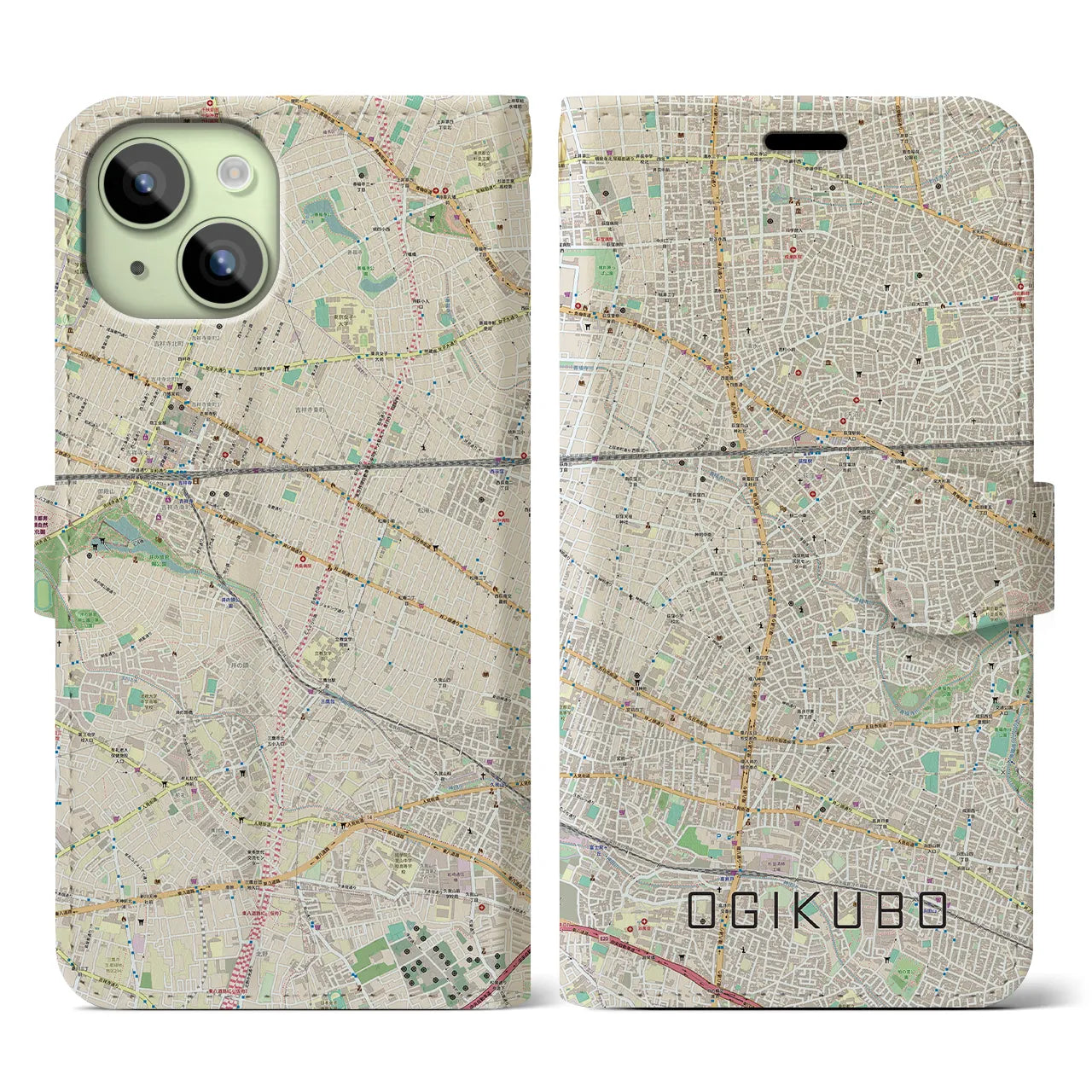【荻窪】地図柄iPhoneケース（手帳両面タイプ・ナチュラル）iPhone 15 用