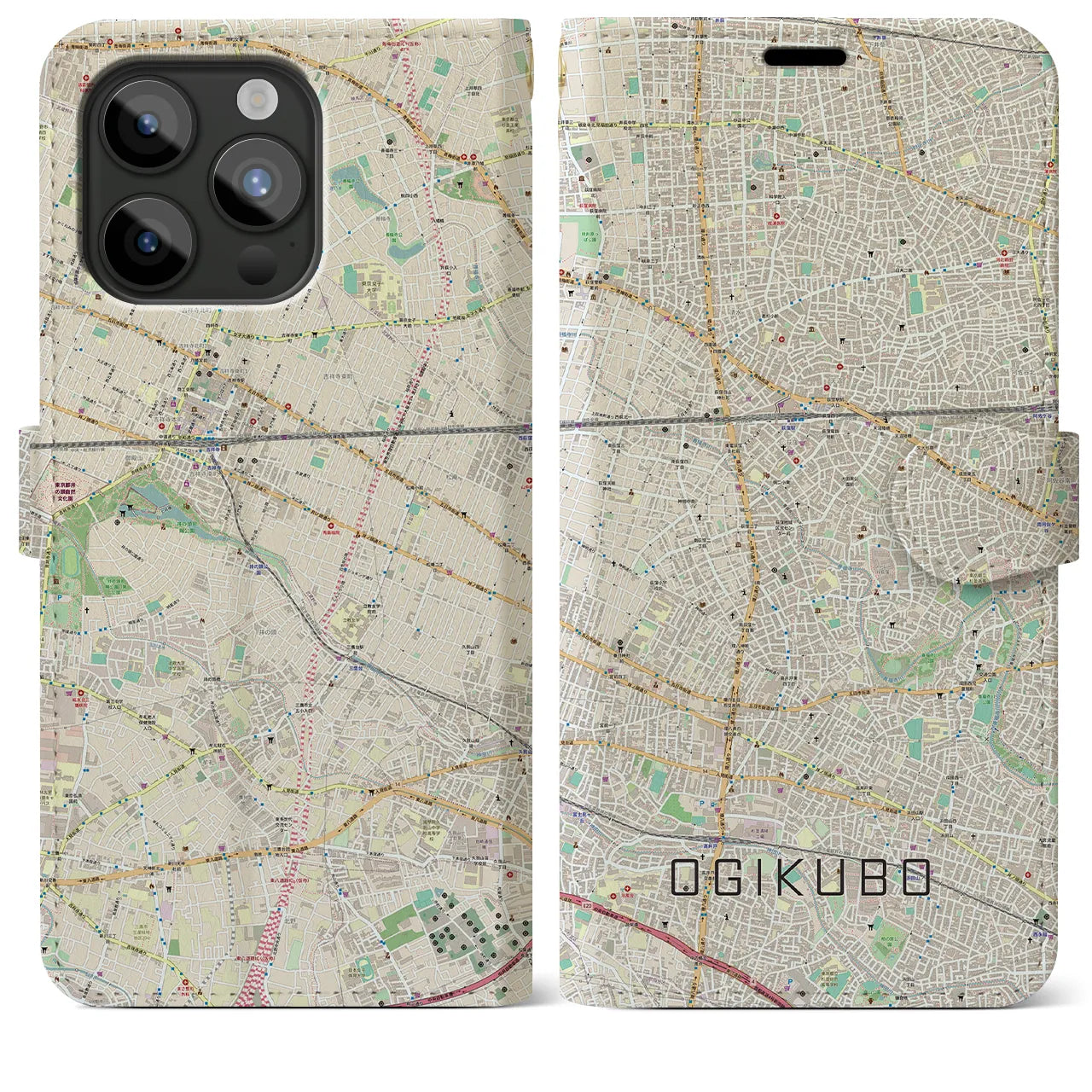 【荻窪】地図柄iPhoneケース（手帳両面タイプ・ナチュラル）iPhone 15 Pro Max 用