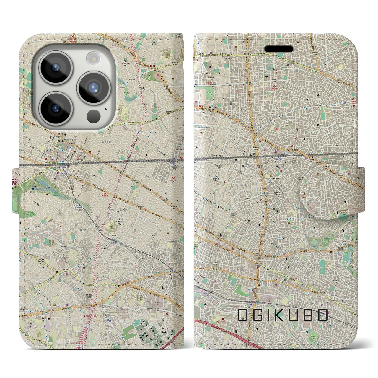 【荻窪】地図柄iPhoneケース（手帳両面タイプ・ナチュラル）iPhone 15 Pro 用