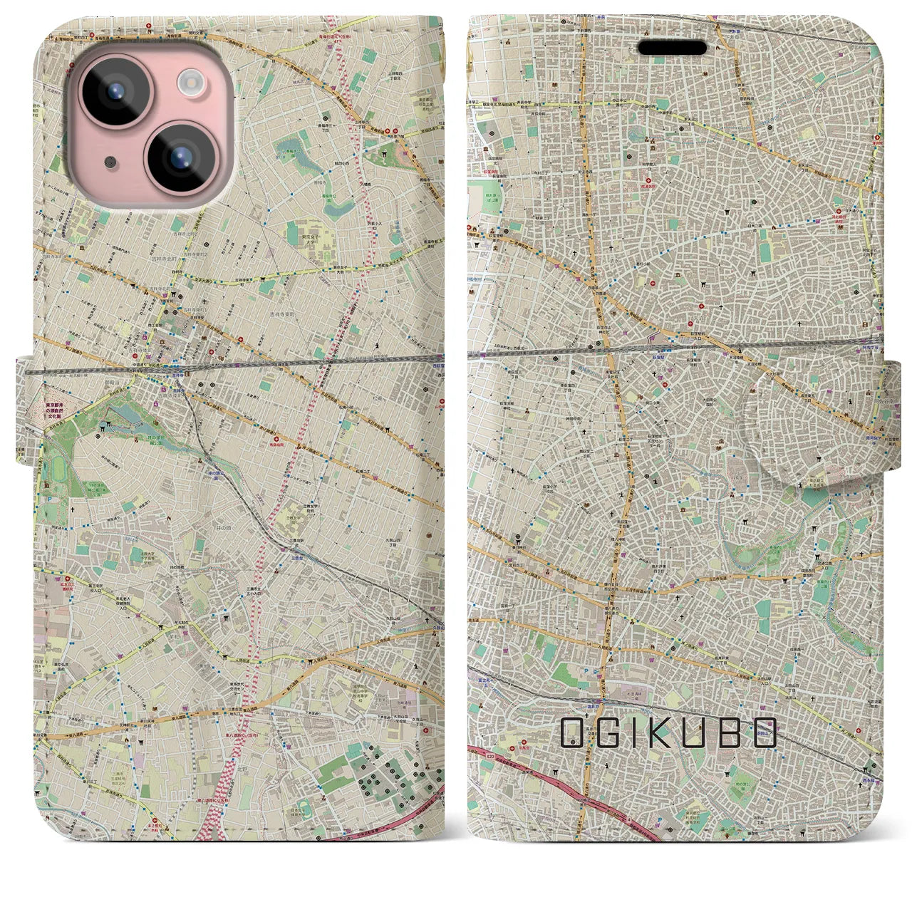 【荻窪】地図柄iPhoneケース（手帳両面タイプ・ナチュラル）iPhone 15 Plus 用