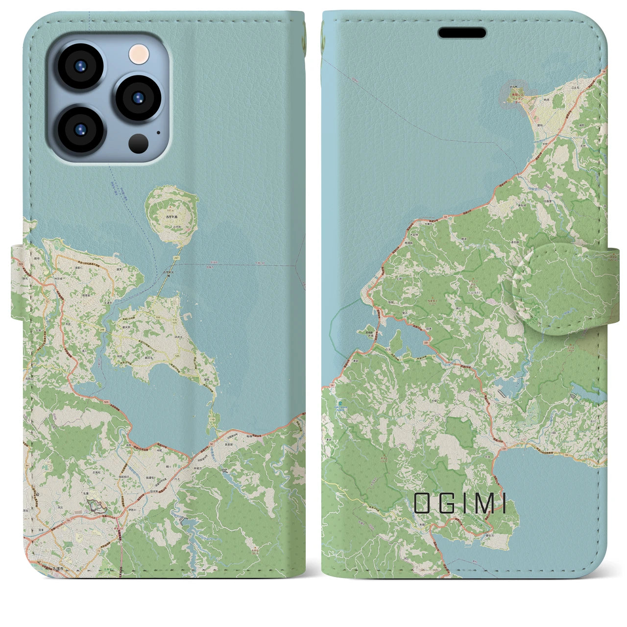 【大宜味】地図柄iPhoneケース（手帳両面タイプ・ナチュラル）iPhone 13 Pro Max 用