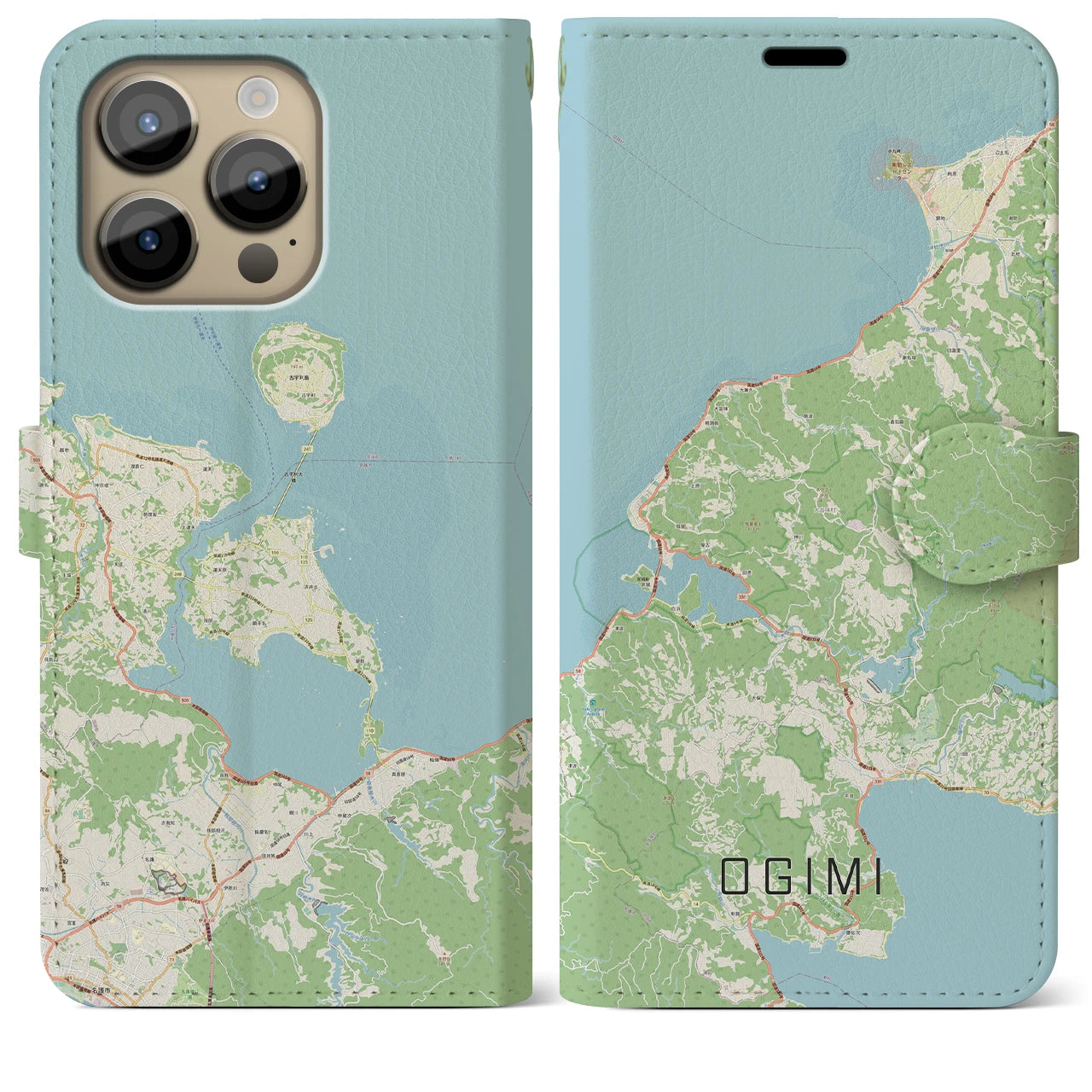 【大宜味】地図柄iPhoneケース（手帳両面タイプ・ナチュラル）iPhone 14 Pro Max 用