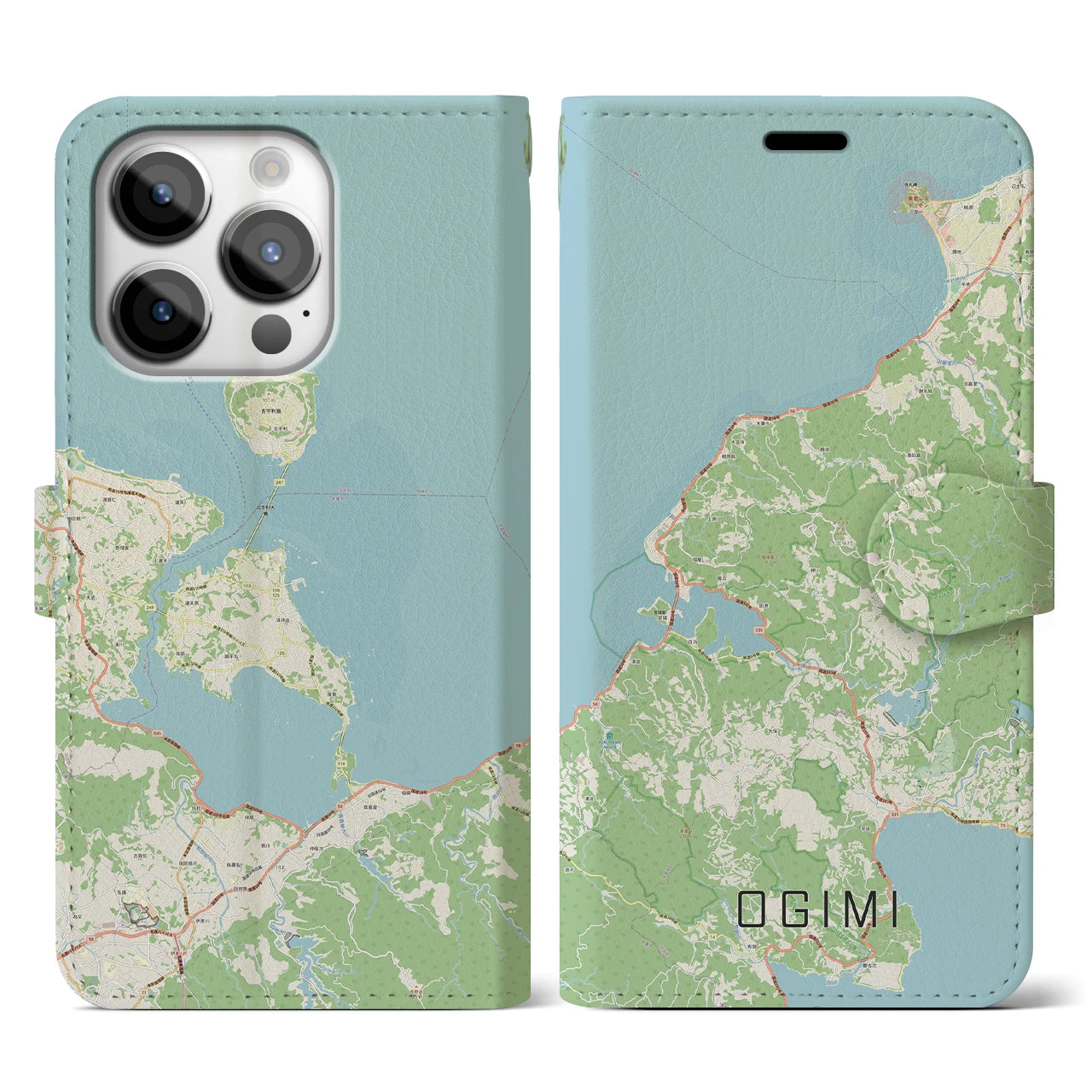 【大宜味】地図柄iPhoneケース（手帳両面タイプ・ナチュラル）iPhone 14 Pro 用