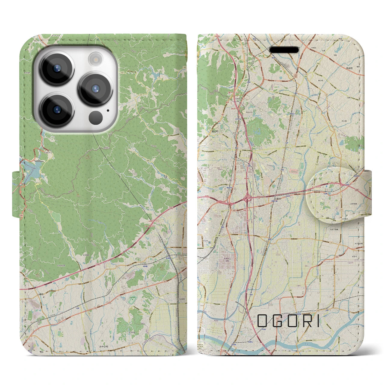 【小郡】地図柄iPhoneケース（手帳両面タイプ・ナチュラル）iPhone 14 Pro 用
