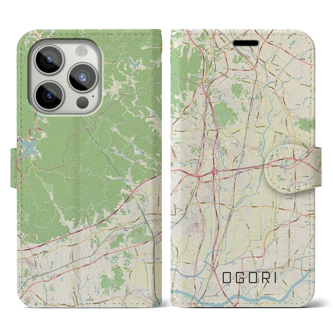 【小郡】地図柄iPhoneケース（手帳両面タイプ・ナチュラル）iPhone 15 Pro 用