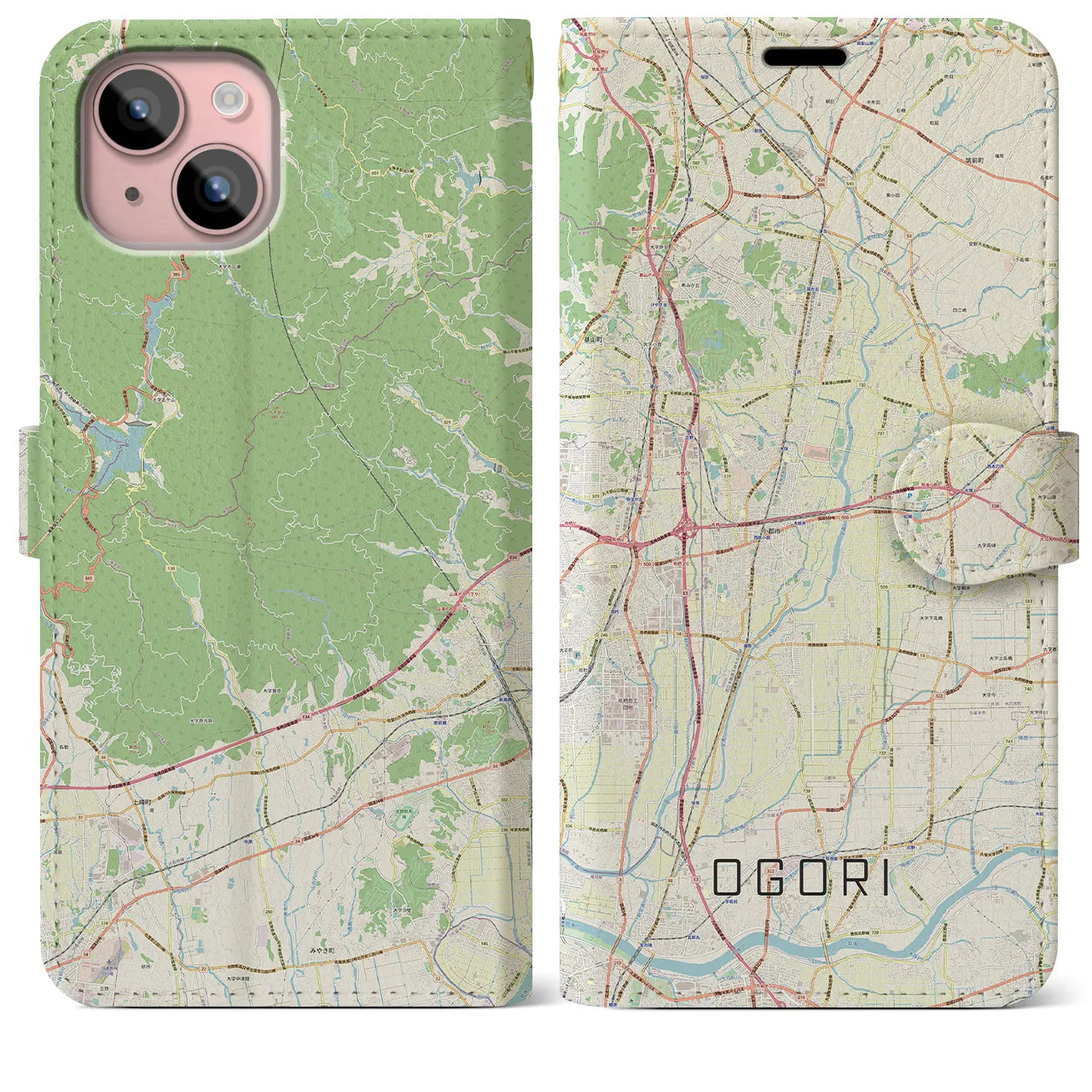 【小郡】地図柄iPhoneケース（手帳両面タイプ・ナチュラル）iPhone 15 Plus 用