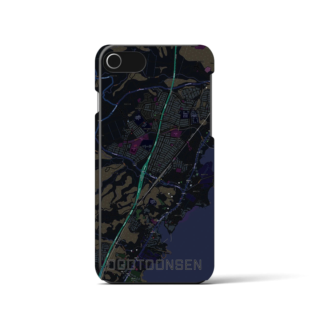 【おごと温泉】地図柄iPhoneケース（バックカバータイプ・ブラック）iPhone SE（第3 / 第2世代） / 8 / 7 / 6s / 6 用