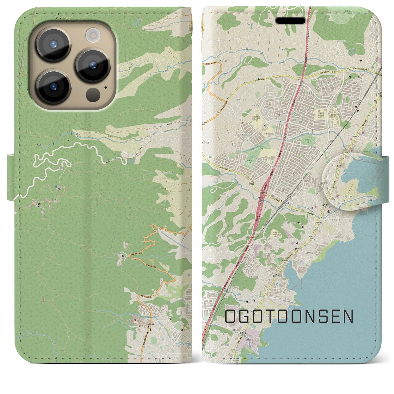 【おごと温泉】地図柄iPhoneケース（手帳両面タイプ・ナチュラル）iPhone 14 Pro Max 用