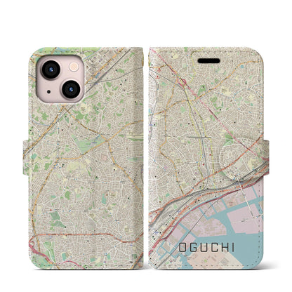 【大口（神奈川県）】地図柄iPhoneケース（手帳タイプ）ナチュラル・iPhone 13 mini 用