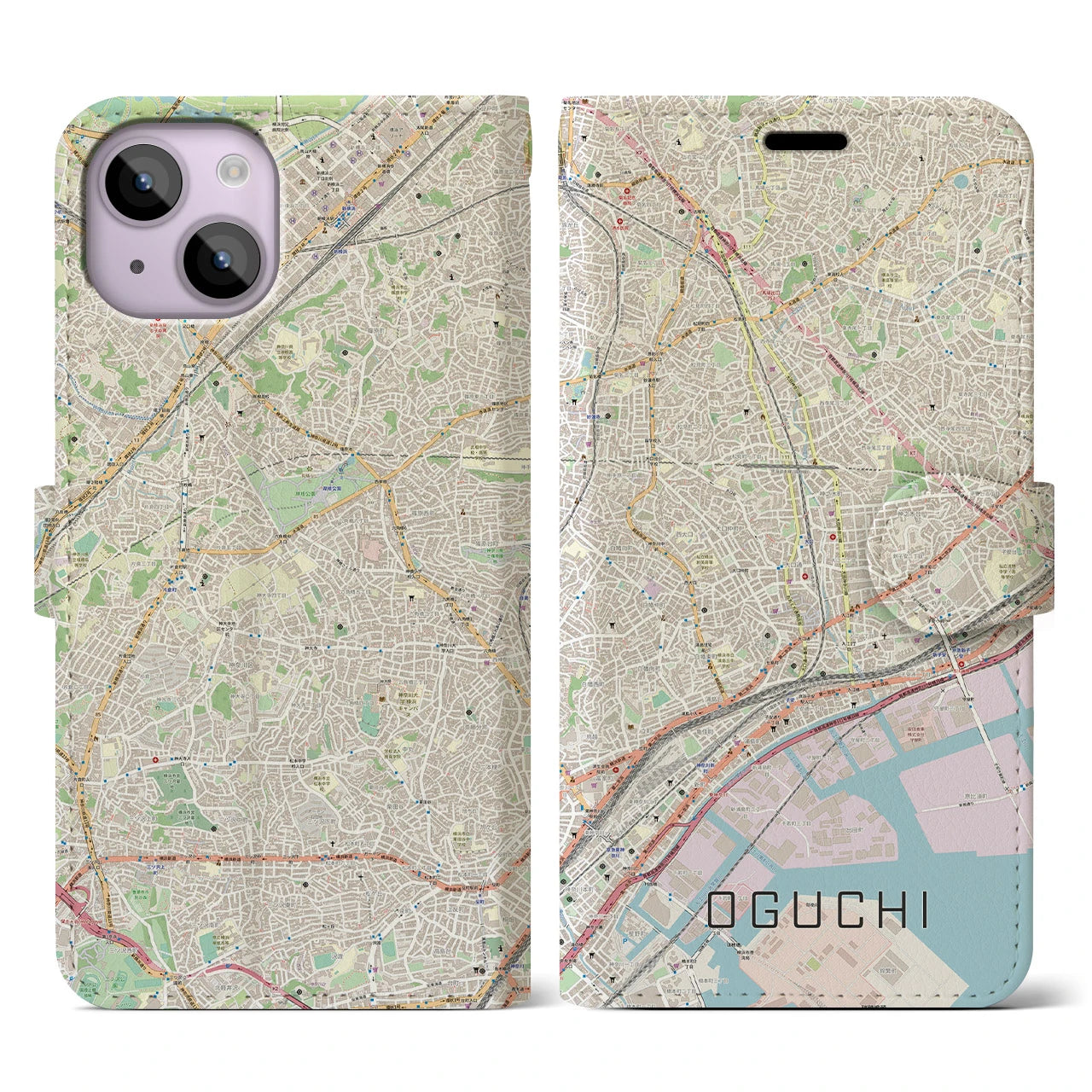【大口】地図柄iPhoneケース（手帳両面タイプ・ナチュラル）iPhone 14 用