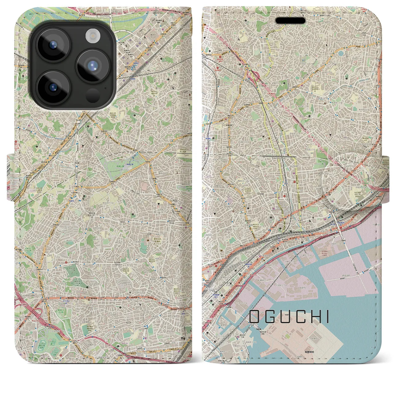 【大口】地図柄iPhoneケース（手帳両面タイプ・ナチュラル）iPhone 15 Pro Max 用