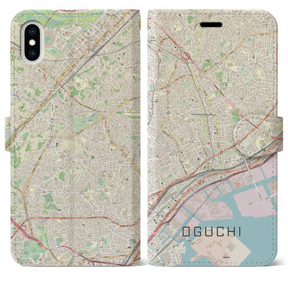 【大口（神奈川県）】地図柄iPhoneケース（手帳タイプ）ナチュラル・iPhone XS Max 用