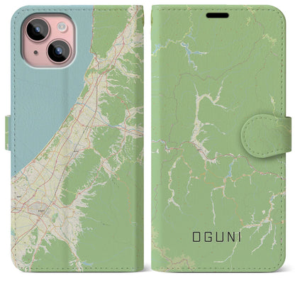 【小国（山形県）】地図柄iPhoneケース（手帳タイプ）ナチュラル・iPhone 15 Plus 用