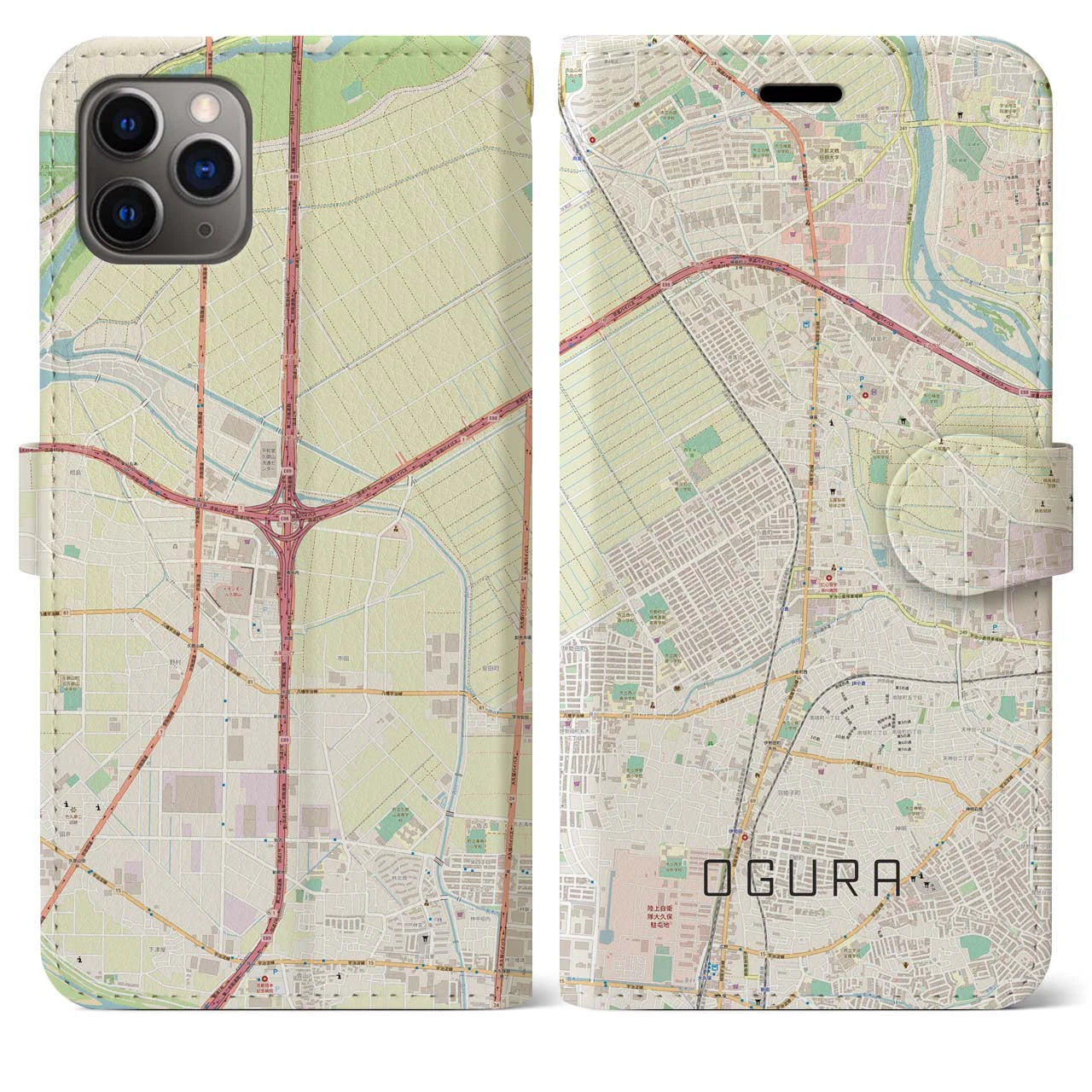 【小倉（京都府）】地図柄iPhoneケース（手帳両面タイプ・ナチュラル）iPhone 11 Pro Max 用