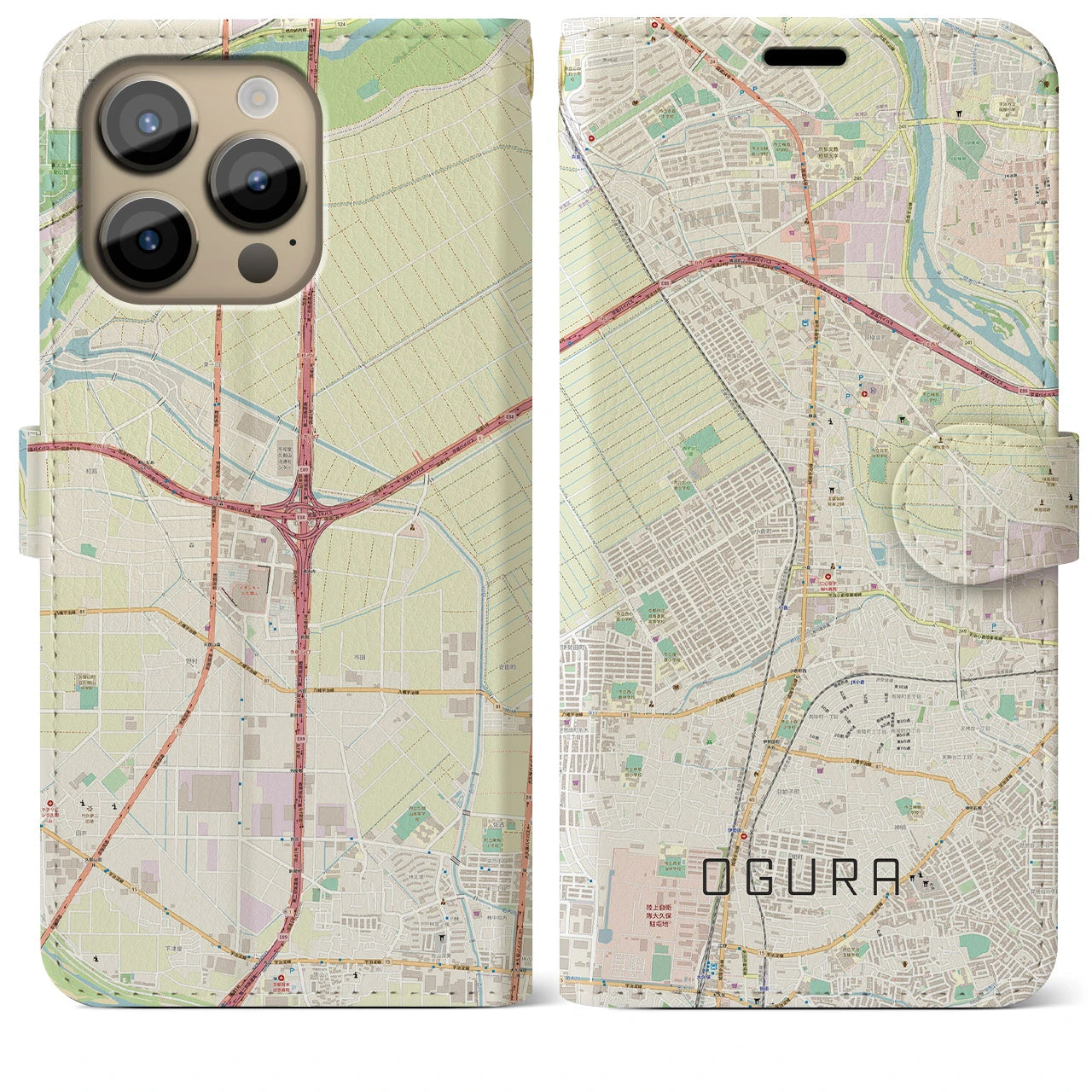 【小倉（京都府）】地図柄iPhoneケース（手帳両面タイプ・ナチュラル）iPhone 14 Pro Max 用