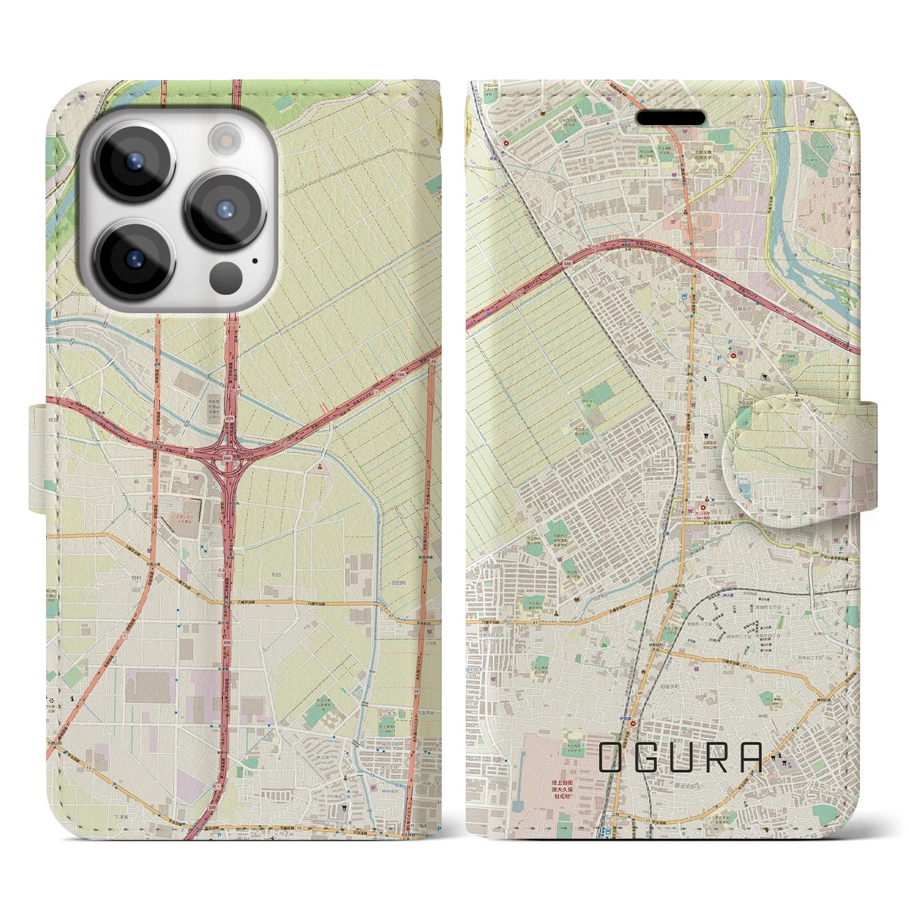 【小倉（京都府）】地図柄iPhoneケース（手帳両面タイプ・ナチュラル）iPhone 14 Pro 用
