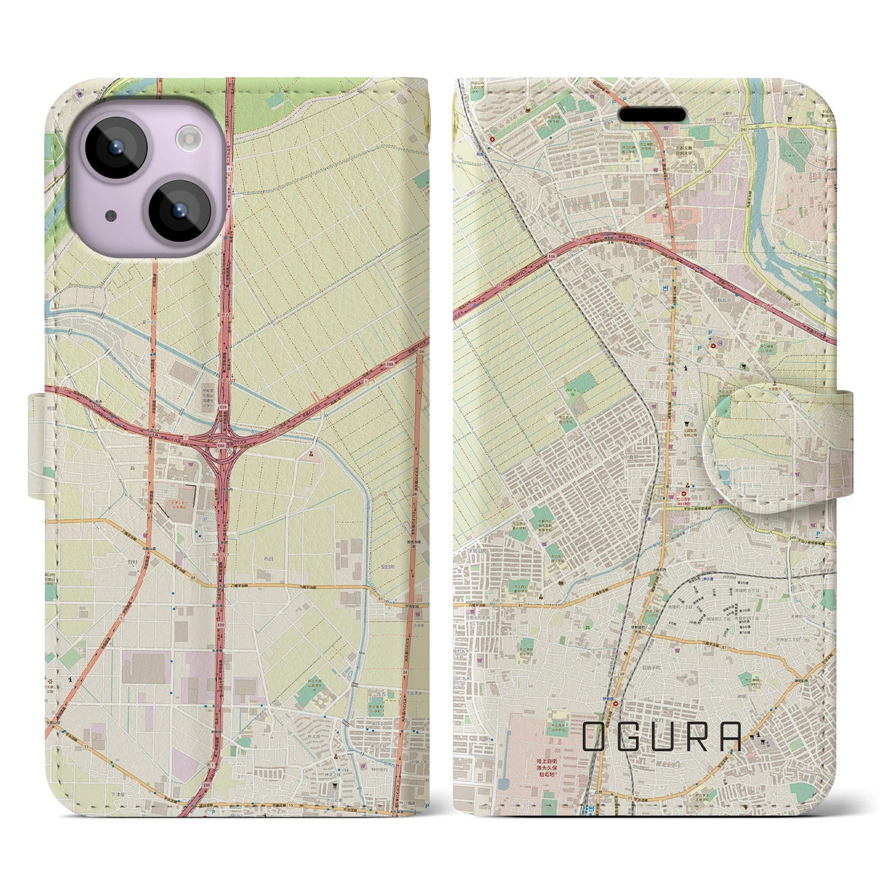 【小倉（京都府）】地図柄iPhoneケース（手帳両面タイプ・ナチュラル）iPhone 14 用