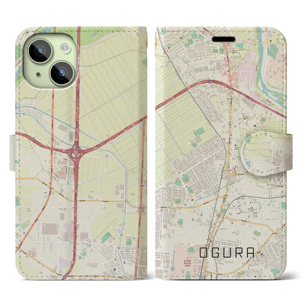 【小倉（京都府）】地図柄iPhoneケース（手帳両面タイプ・ナチュラル）iPhone 15 用