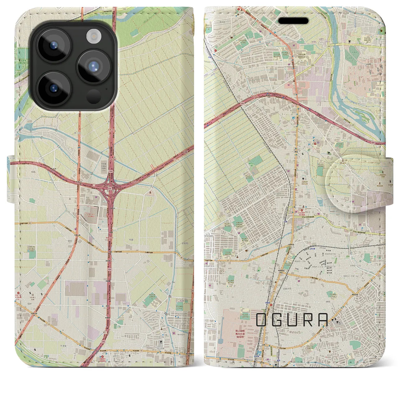 【小倉（京都府）】地図柄iPhoneケース（手帳両面タイプ・ナチュラル）iPhone 15 Pro Max 用