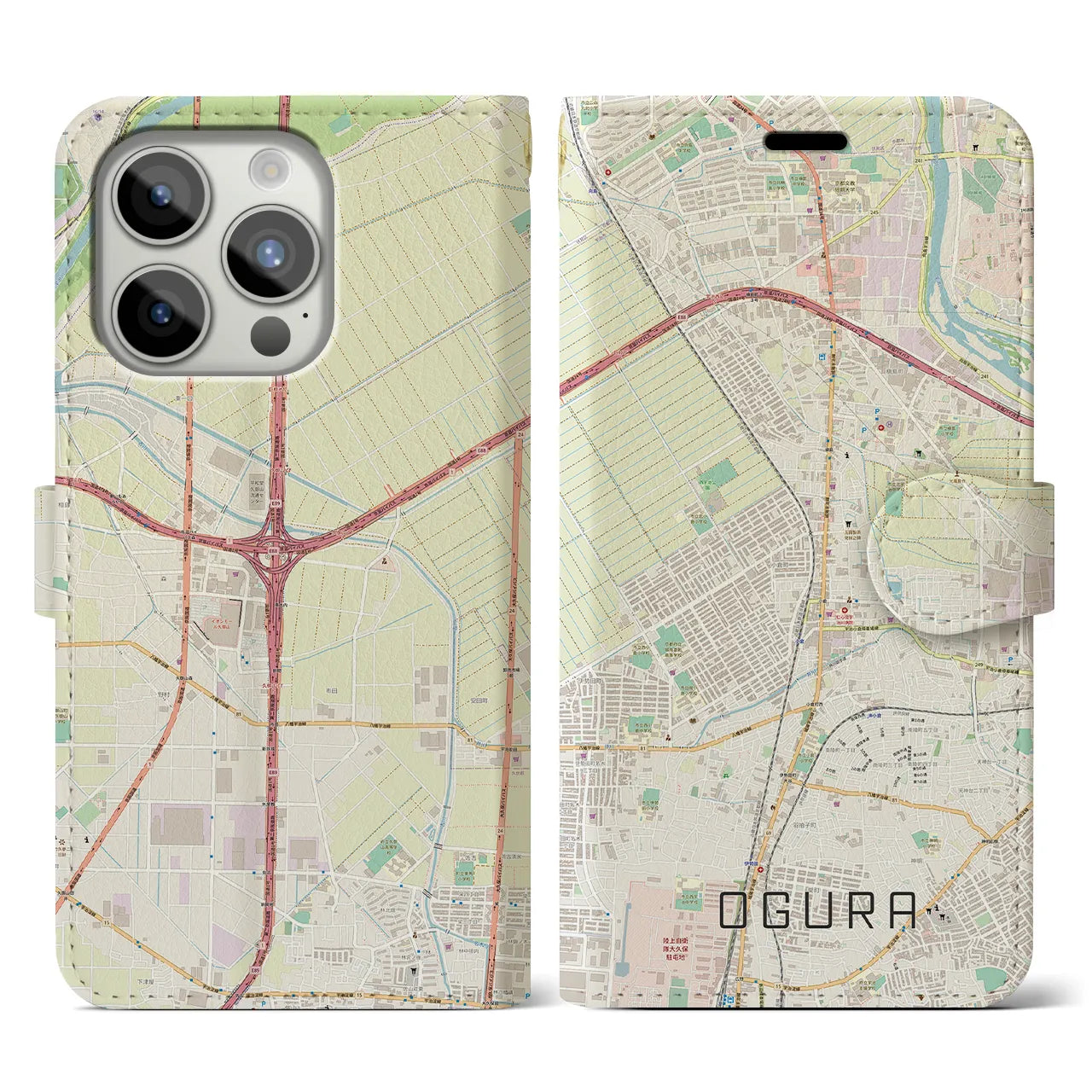 【小倉（京都府）】地図柄iPhoneケース（手帳両面タイプ・ナチュラル）iPhone 15 Pro 用