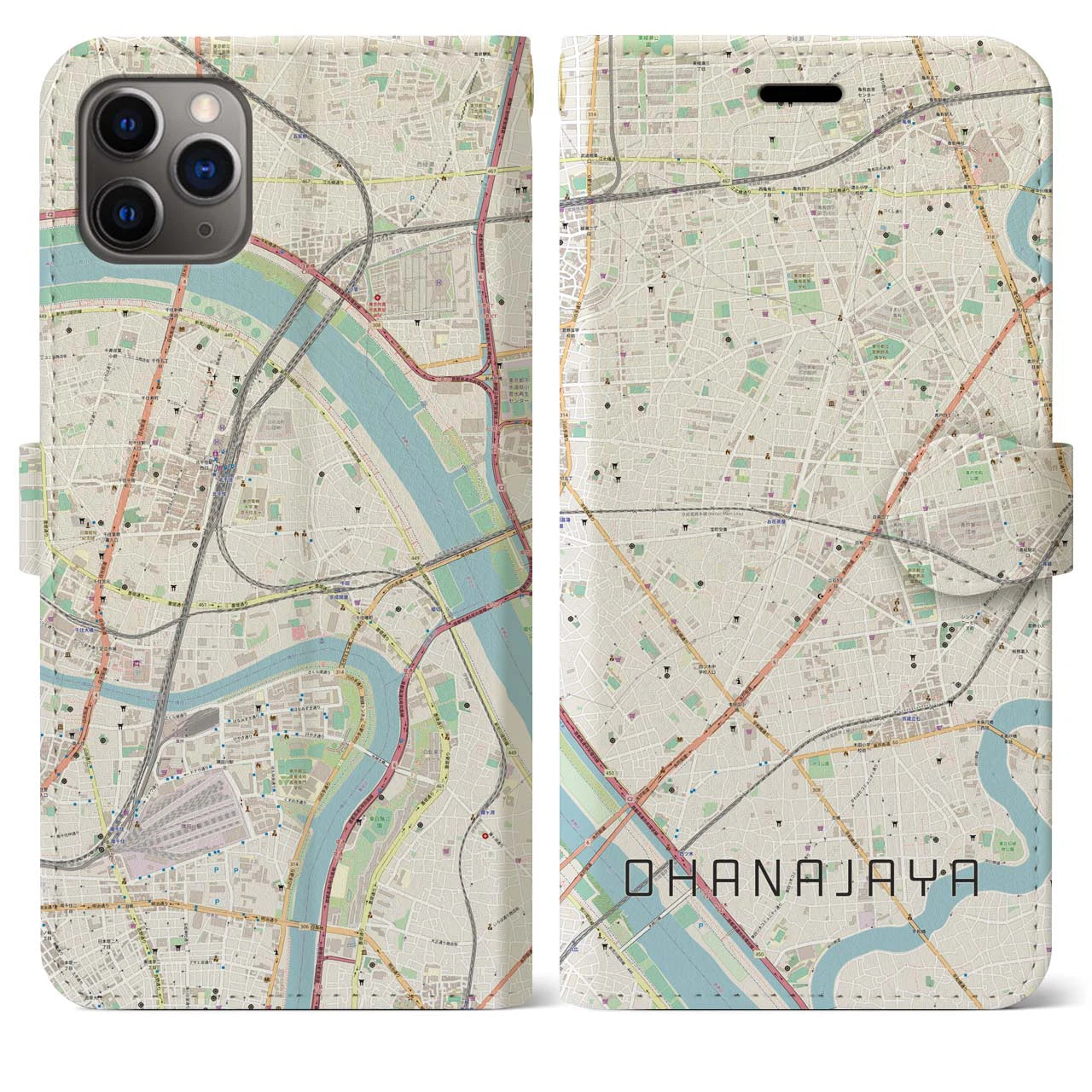 【お花茶屋】地図柄iPhoneケース（手帳両面タイプ・ナチュラル）iPhone 11 Pro Max 用