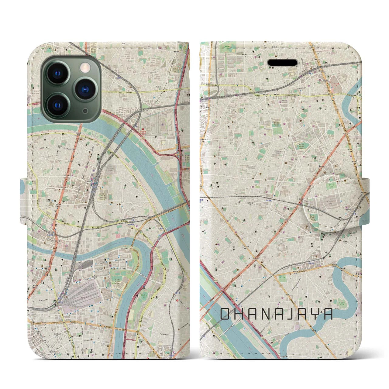 【お花茶屋】地図柄iPhoneケース（手帳両面タイプ・ナチュラル）iPhone 11 Pro 用