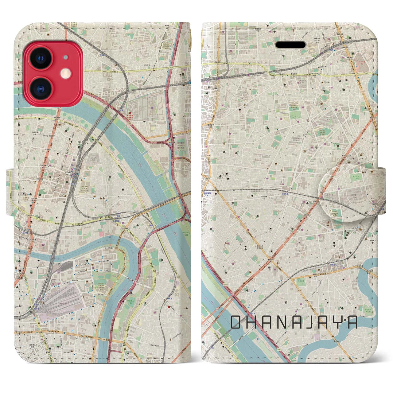 【お花茶屋】地図柄iPhoneケース（手帳両面タイプ・ナチュラル）iPhone 11 用