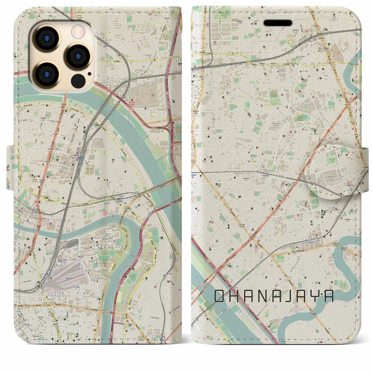 【お花茶屋】地図柄iPhoneケース（手帳両面タイプ・ナチュラル）iPhone 12 Pro Max 用