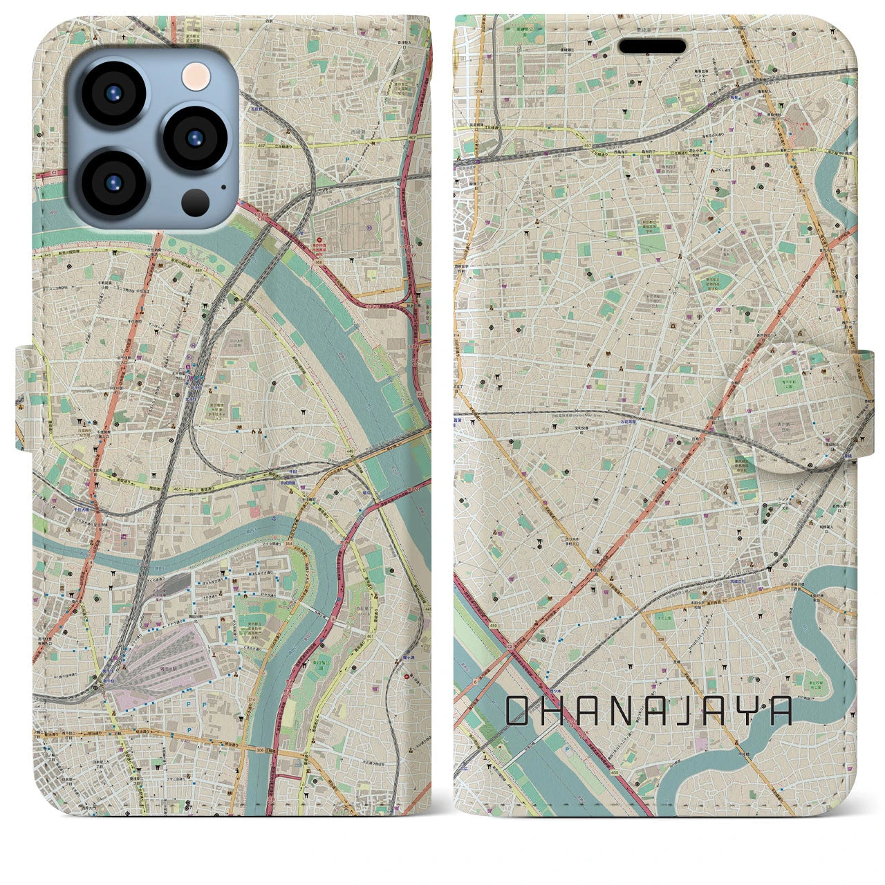 【お花茶屋】地図柄iPhoneケース（手帳両面タイプ・ナチュラル）iPhone 13 Pro Max 用