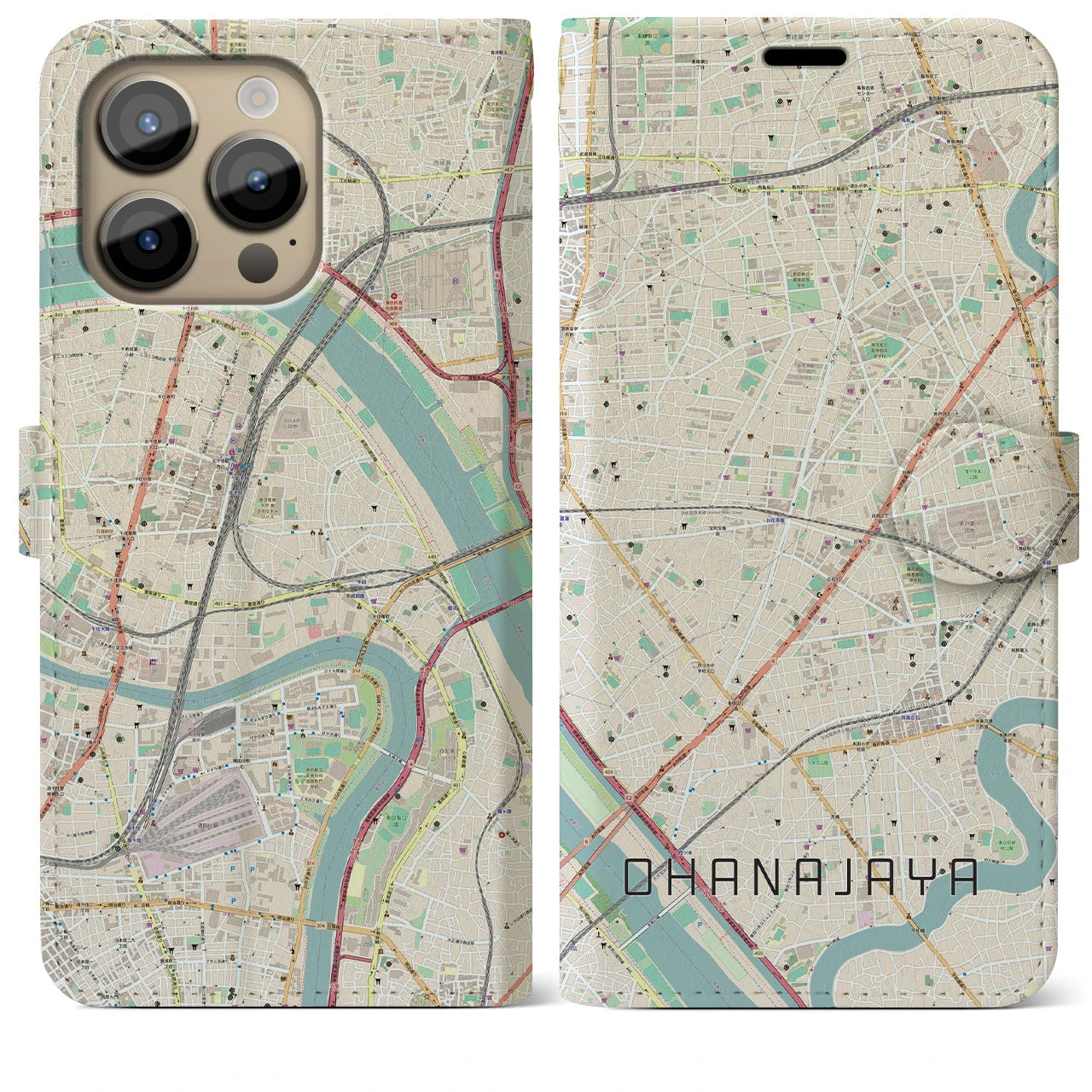 【お花茶屋】地図柄iPhoneケース（手帳両面タイプ・ナチュラル）iPhone 14 Pro Max 用