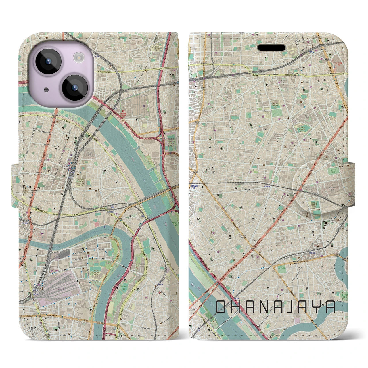【お花茶屋】地図柄iPhoneケース（手帳両面タイプ・ナチュラル）iPhone 14 用