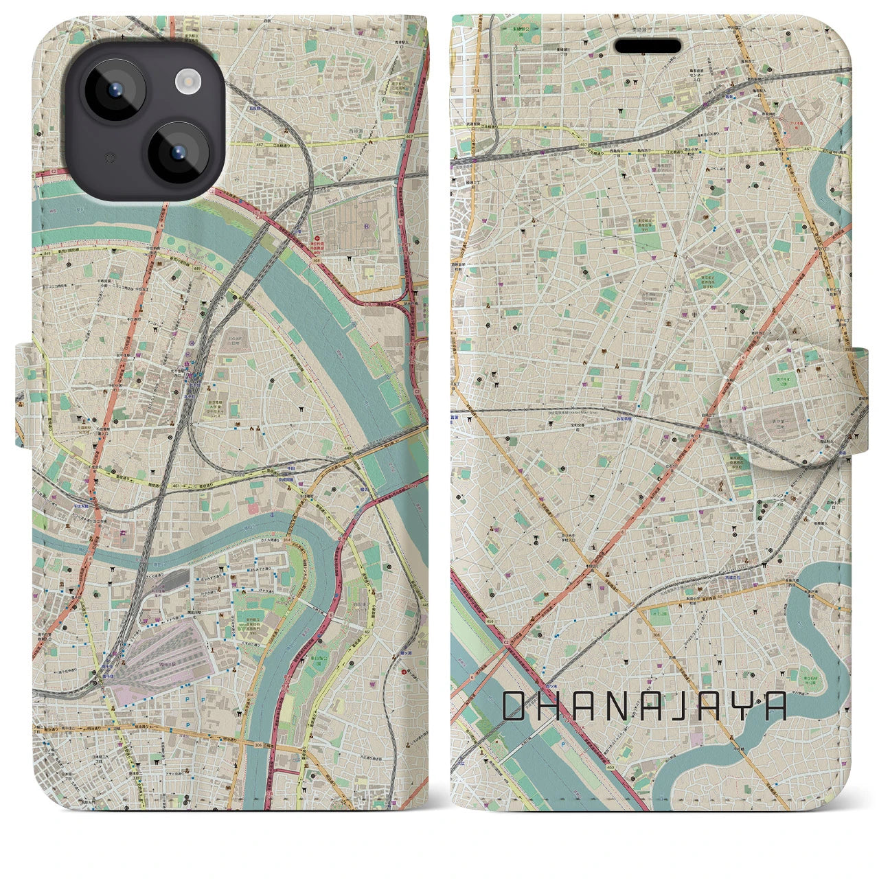 【お花茶屋】地図柄iPhoneケース（手帳両面タイプ・ナチュラル）iPhone 14 Plus 用