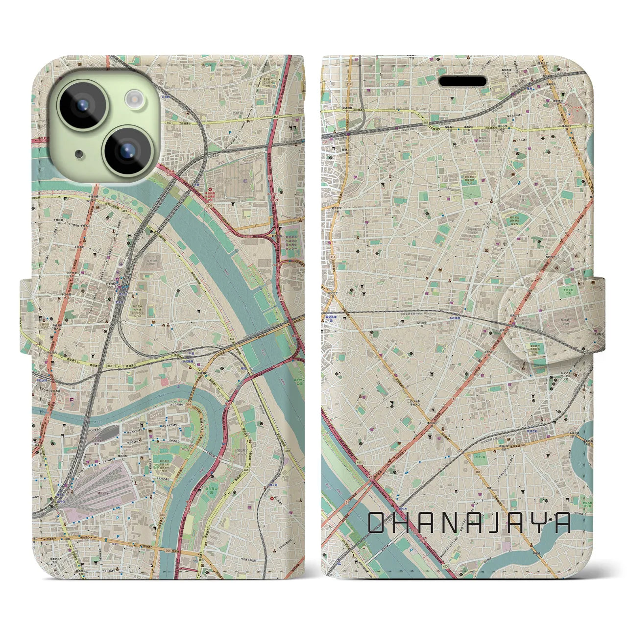 【お花茶屋】地図柄iPhoneケース（手帳両面タイプ・ナチュラル）iPhone 15 用