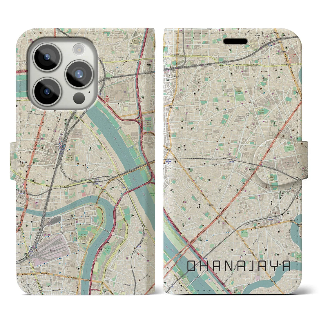【お花茶屋】地図柄iPhoneケース（手帳両面タイプ・ナチュラル）iPhone 15 Pro 用